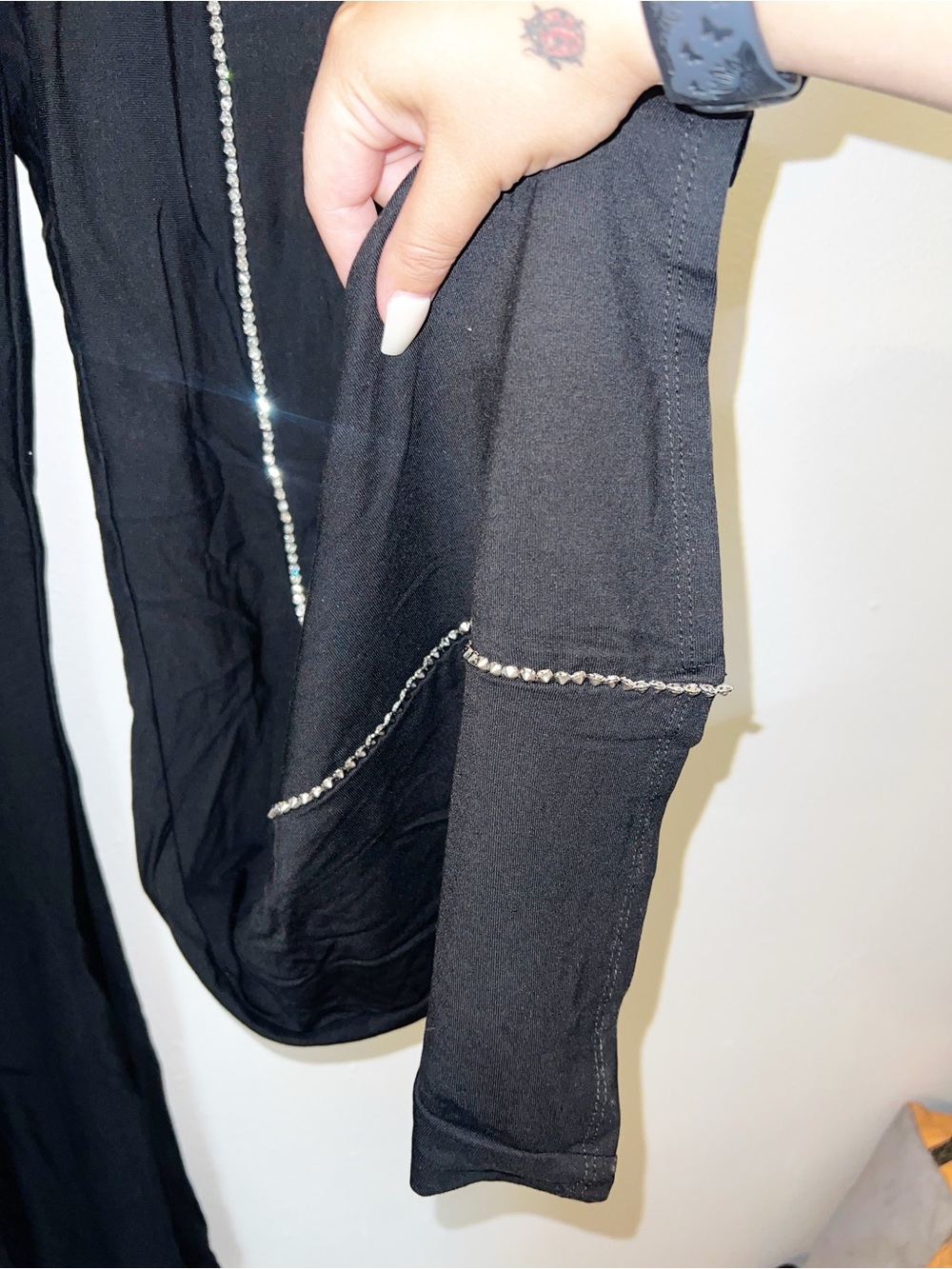 Vocal Black Wide Leg Flare Pull On Pants with Vertical Rhinestone Trim - Picture 3 of 7